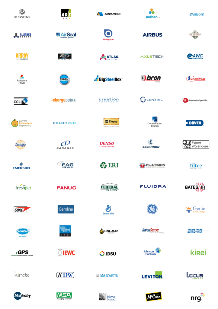 3D System, ADS, Advantek, aether, AirBorn, Alliance, AirSeal, Air Liquid, AIRBUS, All Terrain,Array, ATS, Atlas, Axletech, AWC,Alabama Power, Bimba, Big Stell Box, Bron Tapes, ChemTreat, CCL, chargepoint, creation technologies, Centric, Construction specialists, CRE, colorzen, Clopay, Constellation, Dover, Delight, Danaher, Denso, Eberhard, Expert Warehouse, Emerson, EAG, ERI, Flatiron, filtec, freshpet, Fanuc, Federal, Fluidra, Gatesair, Gore, Gemline, General Mills, GE, Genie, Hach, Herber, Hol-mac, InvenSense, Industrial scientific,iGPS, Iewc, JDSU, Johnson Controls, Kirrei, Kinde, KDW, McCrometer, Leviton, Locus, Mckinstry, MSA, Meyer Sound, McCain, nrq