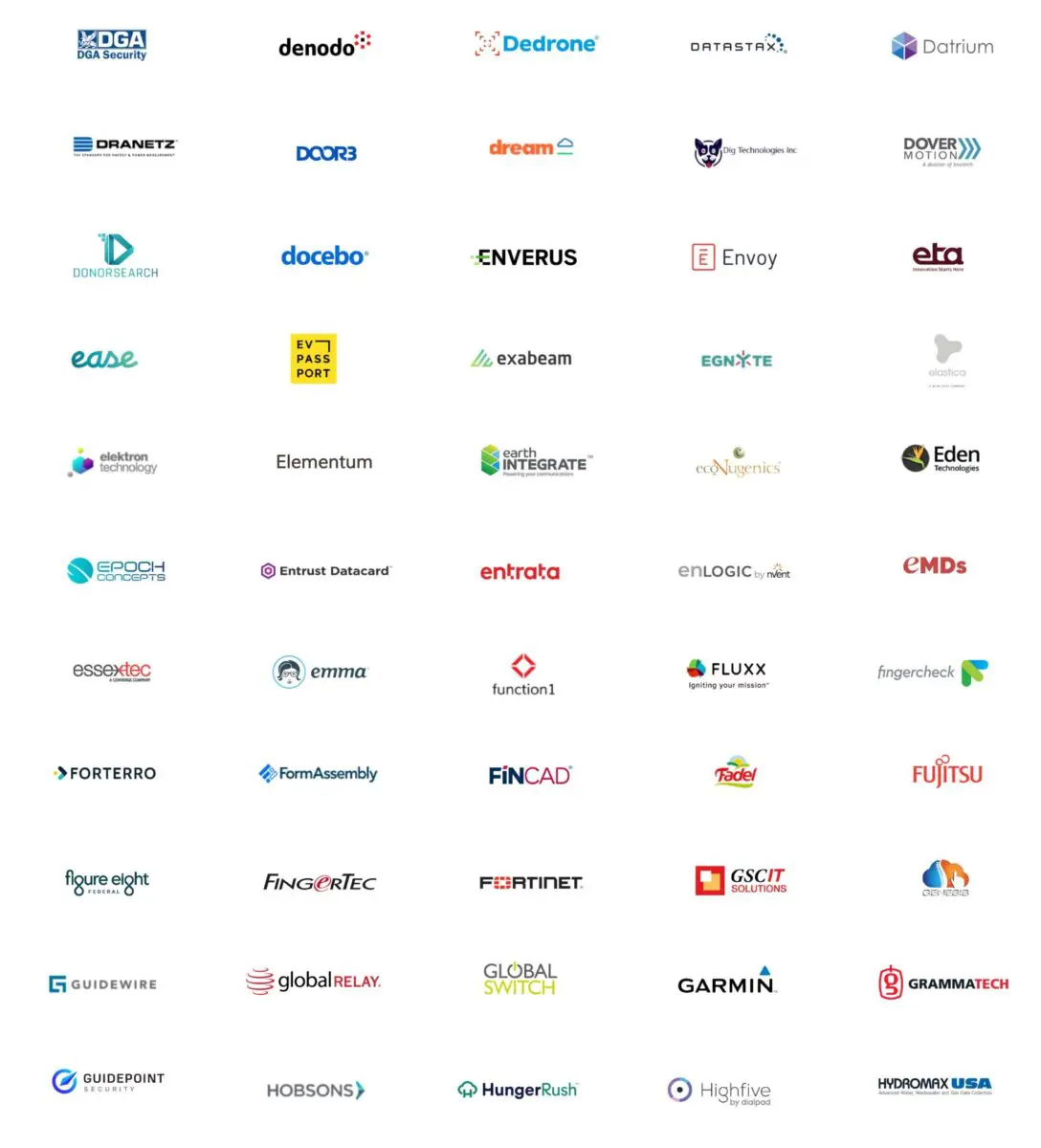 DGA, denodo, Dedrone, Datastax, Datrium, Deanetz, Door 3, dream, Dig Technologies, Dover Motion, Donorsearch, docebo, Enverus, Envoy, eta, ease,EV passport, exabeam, Egnyte,elastica, elektron, Elementum, earth Integrate, Eco Nugencis, Eden technologies, Epoch, Entrust datacard, entrata, enlogic, eMDs, essextec, emma,function1,Fluxx,fingercheck,forterro, FormAssembly, FinCAD, Fadel, FUjiTSU,FIGURE EIGHT, Fingertec,Fortinet, GSCIT, genebib, Guidewire, globalRelay, GLobal switch, Garmin, Grammatech, Guidepoint,Hobsons, HungerRush, Hivefive, Hydromax