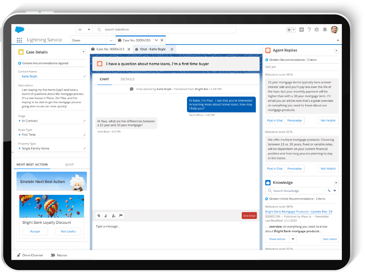 Salesforce Lightning interface showcasing customer support chat for enhanced customer experience and cross-functional collaboration.